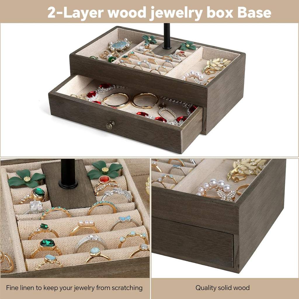 Jewelry Organizer Stand, 3-Tier Necklace Holder Jewelry Tree with Wooden Storage Drawer Box for Necklace Bracelet Earring Ring, Carbonized Black