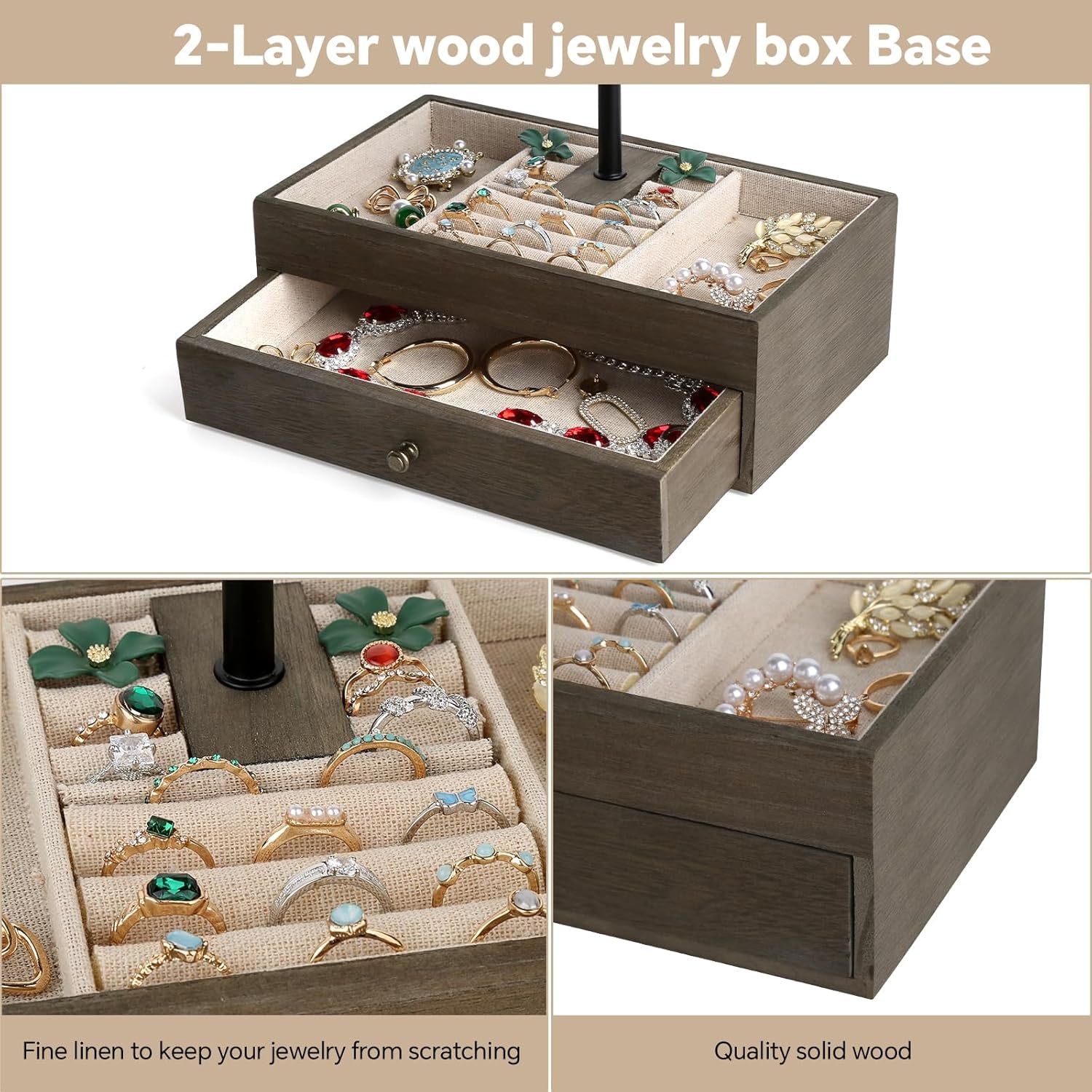 Jewelry Organizer Stand, 3-Tier Necklace Holder Jewelry Tree with Wooden Storage Drawer Box for Necklace Bracelet Earring Ring, Carbonized Black