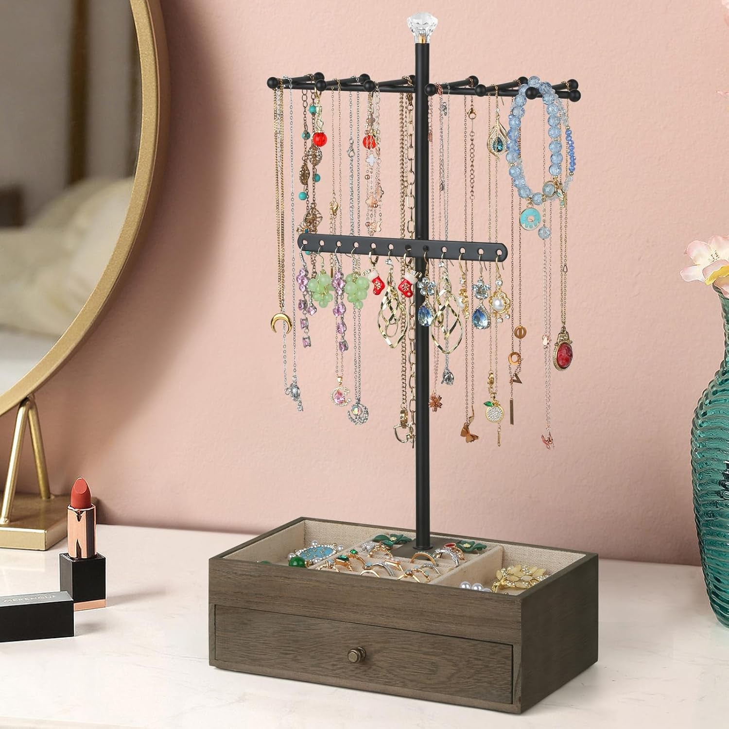 Jewelry Organizer Stand, 3-Tier Necklace Holder Jewelry Tree with Wooden Storage Drawer Box for Necklace Bracelet Earring Ring, Carbonized Black