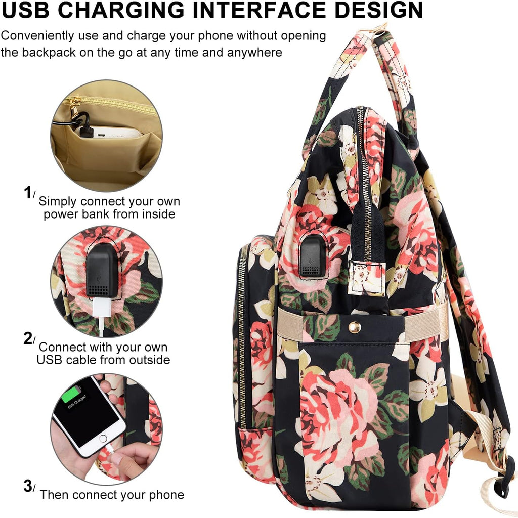 Laptop Backpack for Women,15.6 Inch Stylish College School Backpack with USB Charging Port,Water Resistant Casual Daypack Laptop Backpack for Girls/Nurse/Teacher/Travel (Flower Pattern)