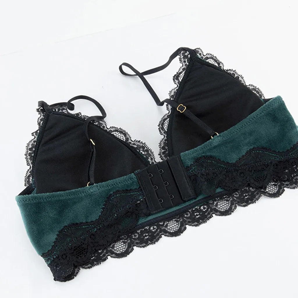 Solid Comfy Velvet Lingeries for Women Floral Lace Gathered Bras and Thong Set 2Pcs Seductive Lingerie Sexy Sleepwear Pajama Set