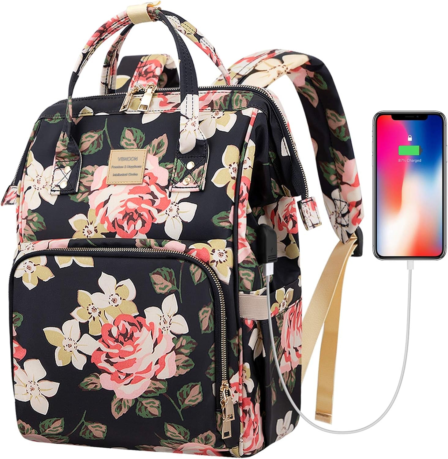 Laptop Backpack for Women,15.6 Inch Stylish College School Backpack with USB Charging Port,Water Resistant Casual Daypack Laptop Backpack for Girls/Nurse/Teacher/Travel (Flower Pattern)