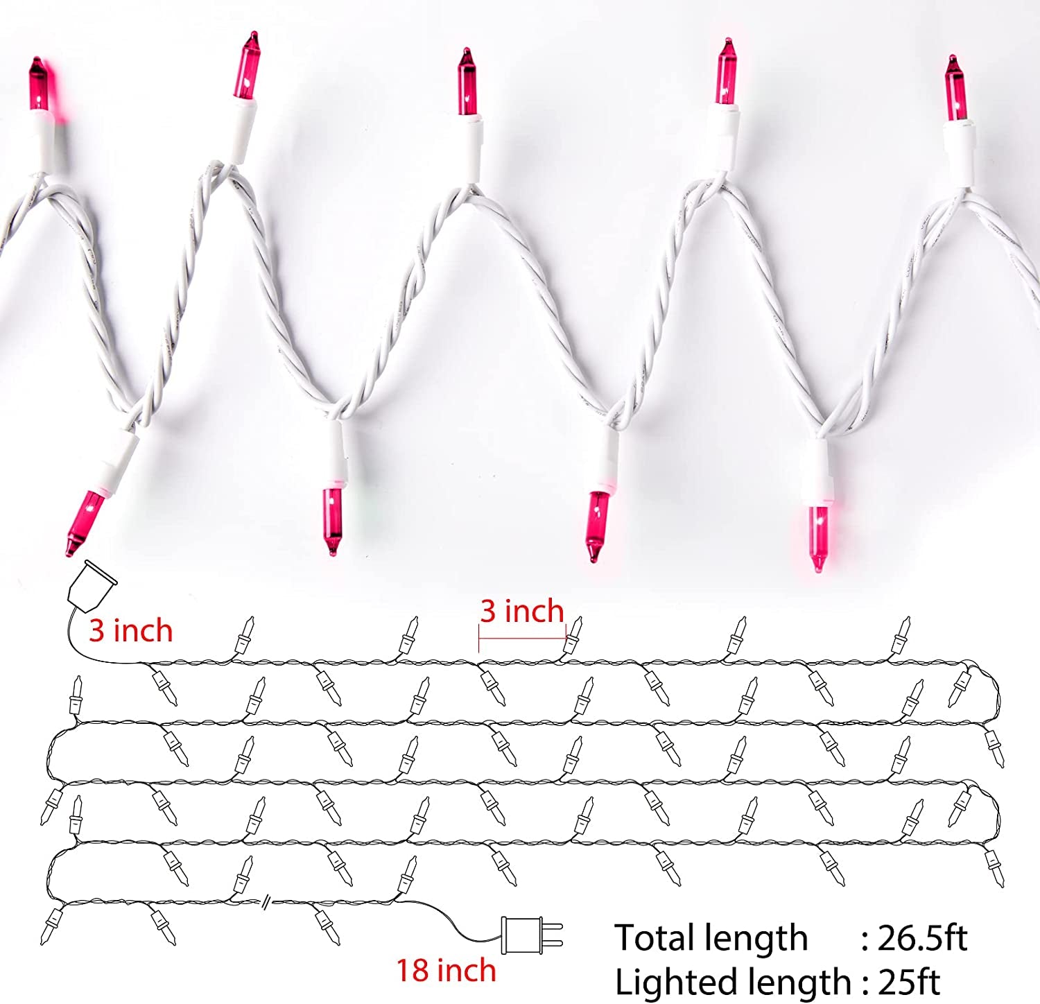 Christmas Pink Mini String Lights - 100 Count 25 Feet Detachable Incandescent Bulb Waterproof Fairy Lights Plug in for Indoor Outdoor Party Patio Xmas Tree Valentine'S Day Decoration, White Wire
