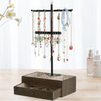 Jewelry Organizer Stand, 3-Tier Necklace Holder Jewelry Tree with Wooden Storage Drawer Box for Necklace Bracelet Earring Ring, Carbonized Black