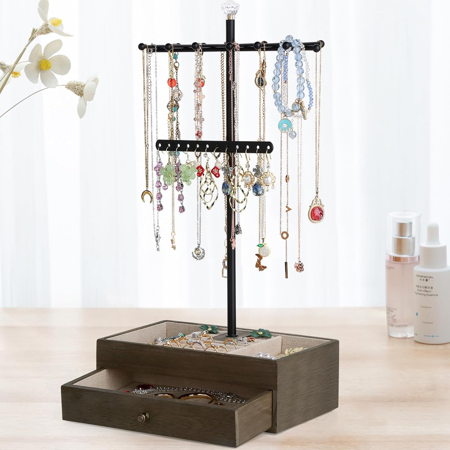 Jewelry Organizer Stand, 3-Tier Necklace Holder Jewelry Tree with Wooden Storage Drawer Box for Necklace Bracelet Earring Ring, Carbonized Black