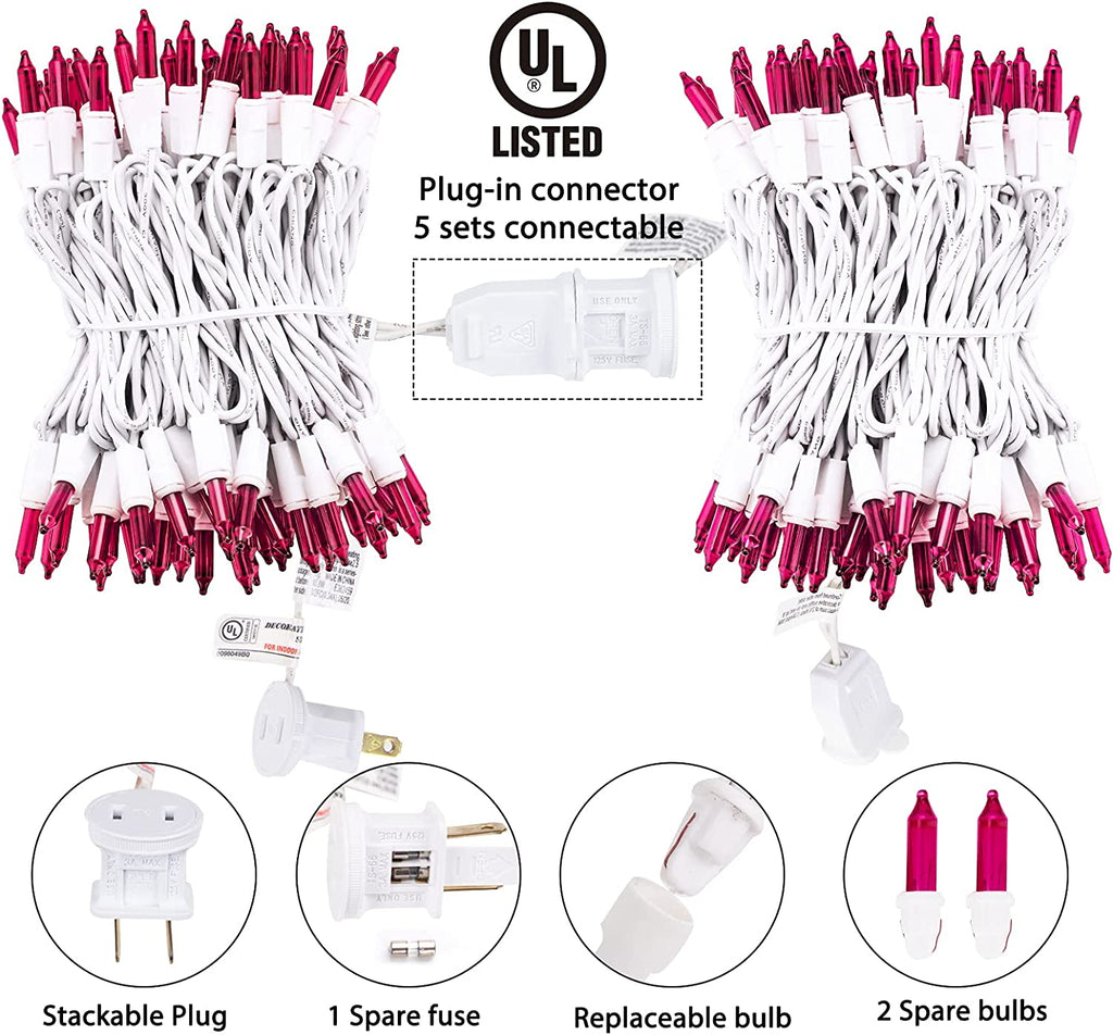 Christmas Pink Mini String Lights - 100 Count 25 Feet Detachable Incandescent Bulb Waterproof Fairy Lights Plug in for Indoor Outdoor Party Patio Xmas Tree Valentine'S Day Decoration, White Wire