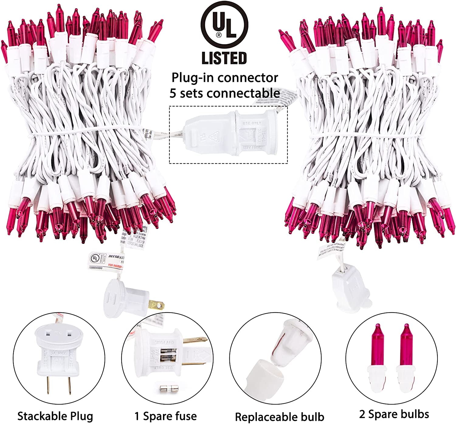 Christmas Pink Mini String Lights - 100 Count 25 Feet Detachable Incandescent Bulb Waterproof Fairy Lights Plug in for Indoor Outdoor Party Patio Xmas Tree Valentine'S Day Decoration, White Wire