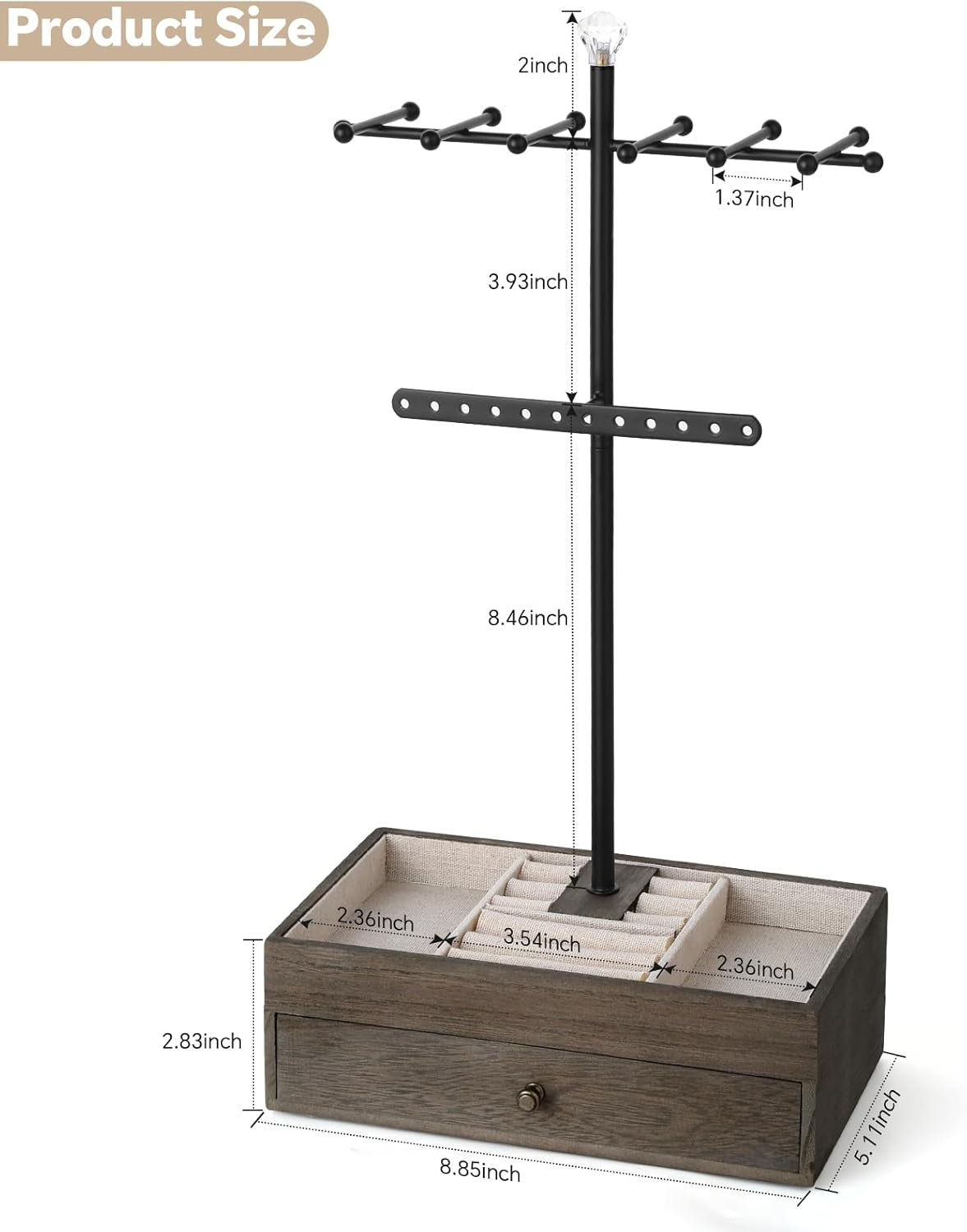 Jewelry Organizer Stand, 3-Tier Necklace Holder Jewelry Tree with Wooden Storage Drawer Box for Necklace Bracelet Earring Ring, Carbonized Black