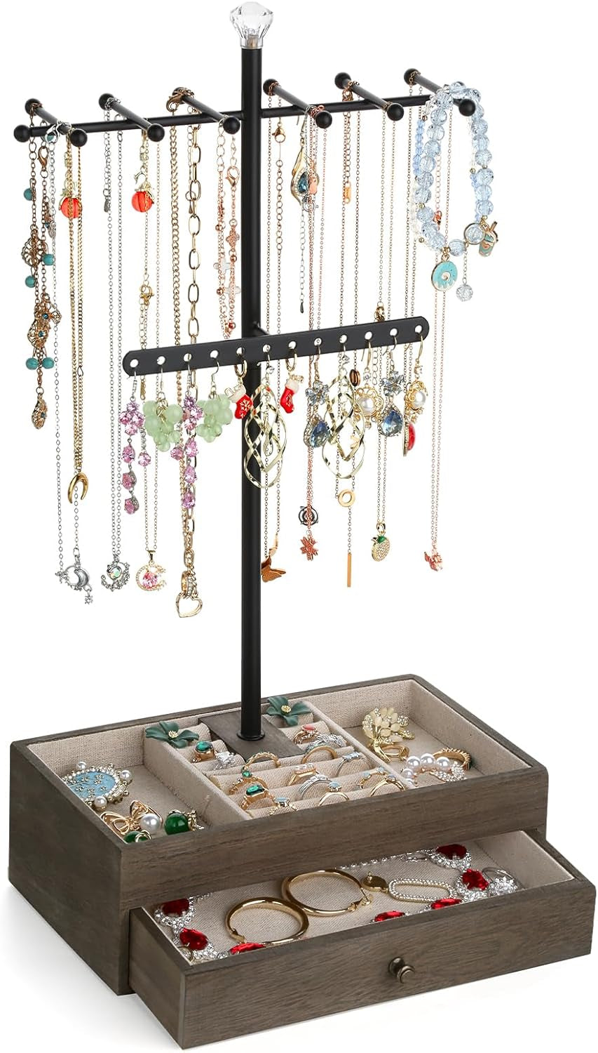 Jewelry Organizer Stand, 3-Tier Necklace Holder Jewelry Tree with Wooden Storage Drawer Box for Necklace Bracelet Earring Ring, Carbonized Black