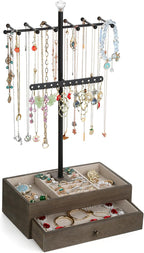 Jewelry Organizer Stand, 3-Tier Necklace Holder Jewelry Tree with Wooden Storage Drawer Box for Necklace Bracelet Earring Ring, Carbonized Black