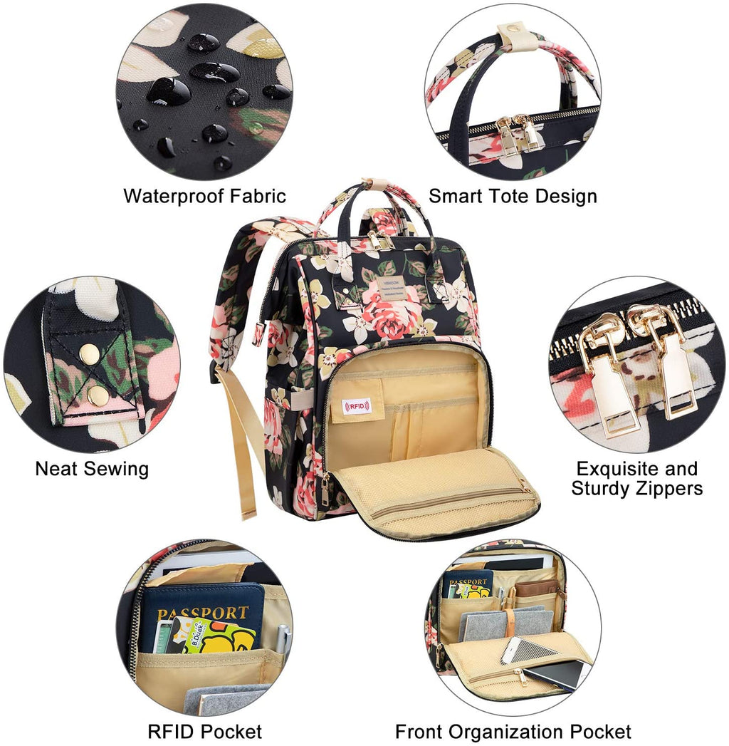 Laptop Backpack for Women,15.6 Inch Stylish College School Backpack with USB Charging Port,Water Resistant Casual Daypack Laptop Backpack for Girls/Nurse/Teacher/Travel (Flower Pattern)