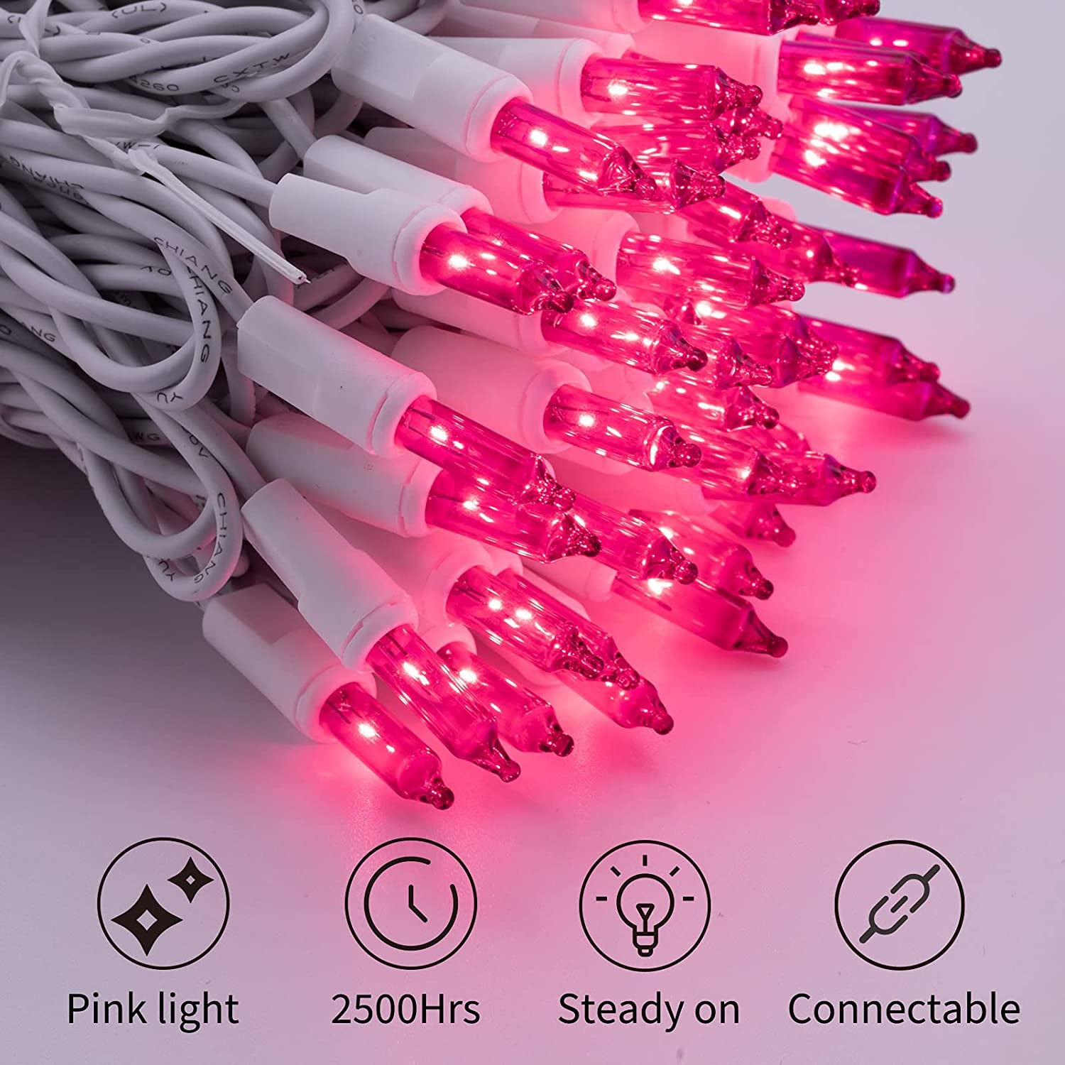 Christmas Pink Mini String Lights - 100 Count 25 Feet Detachable Incandescent Bulb Waterproof Fairy Lights Plug in for Indoor Outdoor Party Patio Xmas Tree Valentine'S Day Decoration, White Wire