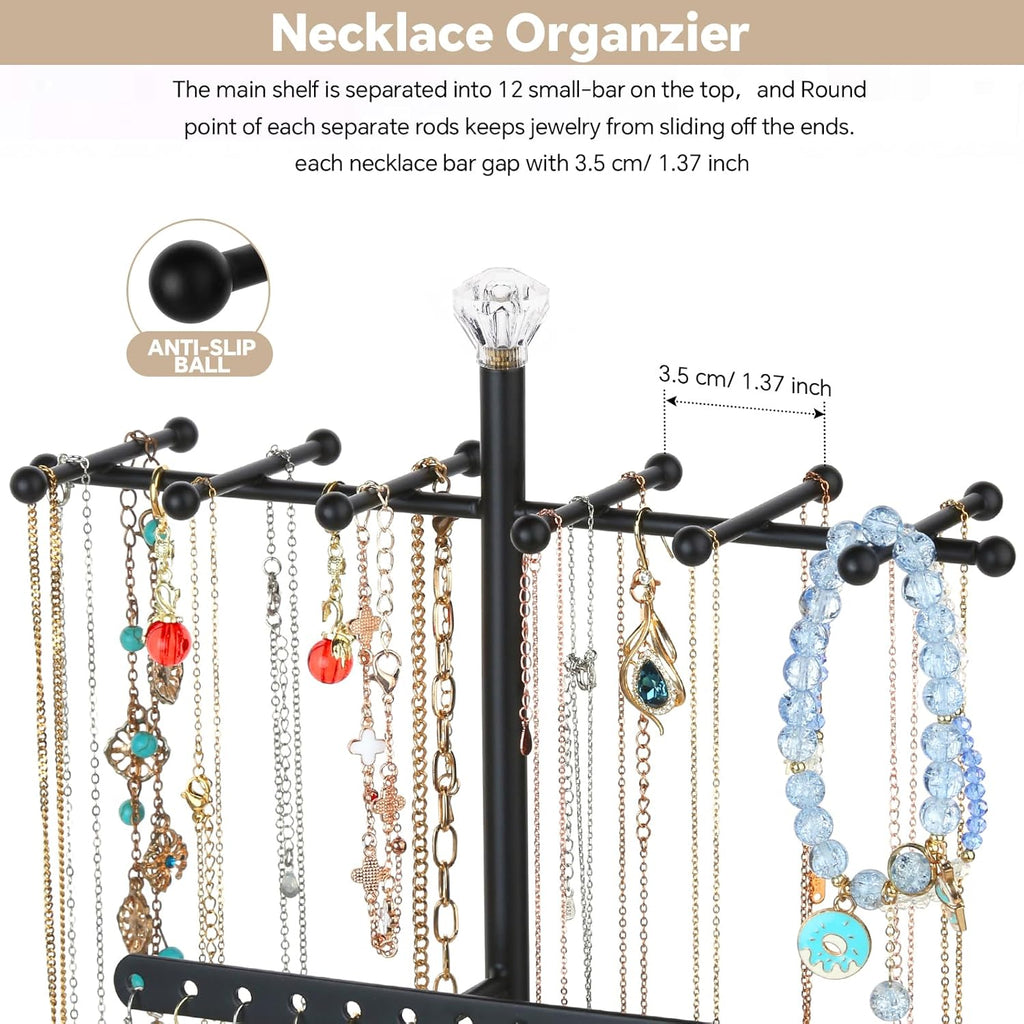 Jewelry Organizer Stand, 3-Tier Necklace Holder Jewelry Tree with Wooden Storage Drawer Box for Necklace Bracelet Earring Ring, Carbonized Black