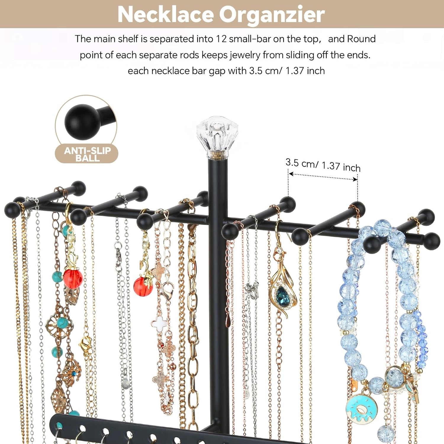 Jewelry Organizer Stand, 3-Tier Necklace Holder Jewelry Tree with Wooden Storage Drawer Box for Necklace Bracelet Earring Ring, Carbonized Black