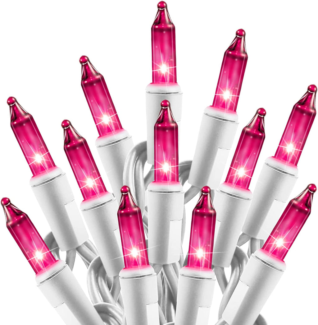 Christmas Pink Mini String Lights - 100 Count 25 Feet Detachable Incandescent Bulb Waterproof Fairy Lights Plug in for Indoor Outdoor Party Patio Xmas Tree Valentine'S Day Decoration, White Wire