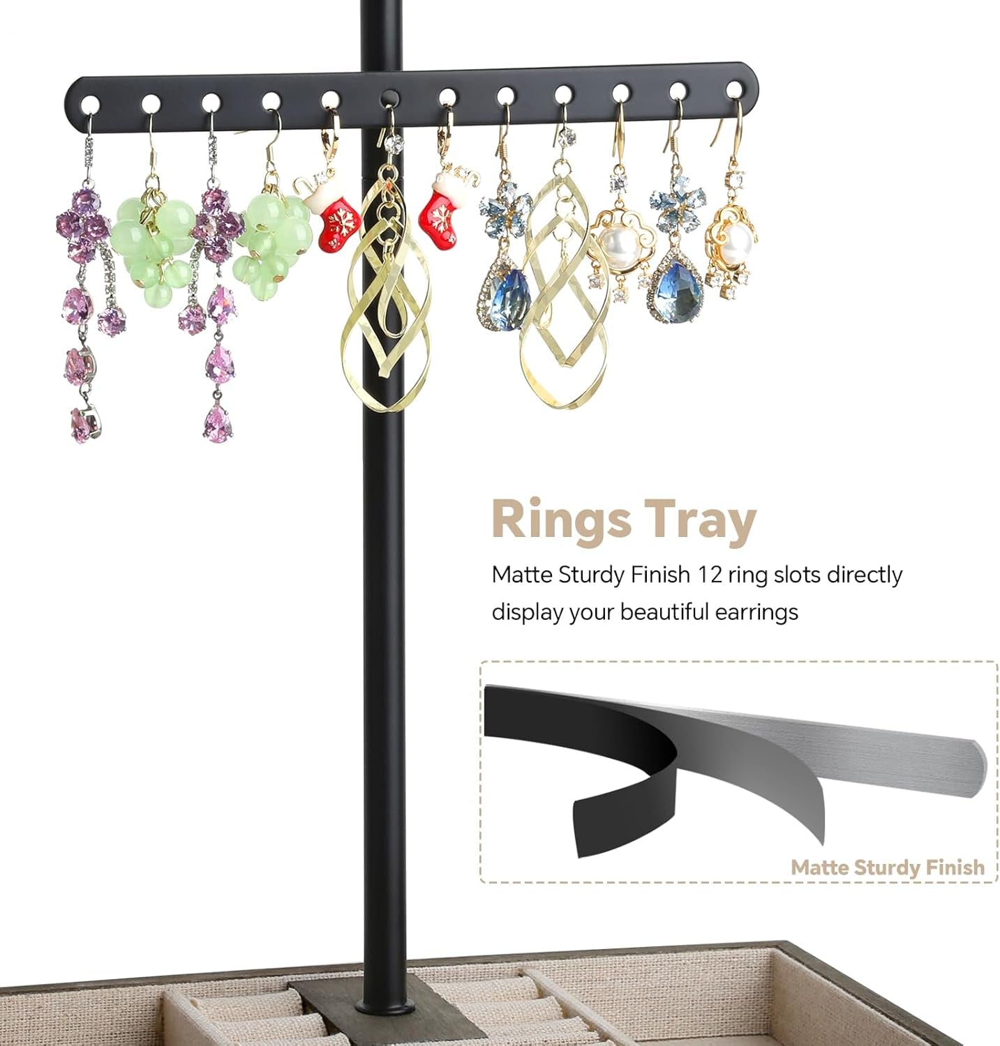 Jewelry Organizer Stand, 3-Tier Necklace Holder Jewelry Tree with Wooden Storage Drawer Box for Necklace Bracelet Earring Ring, Carbonized Black